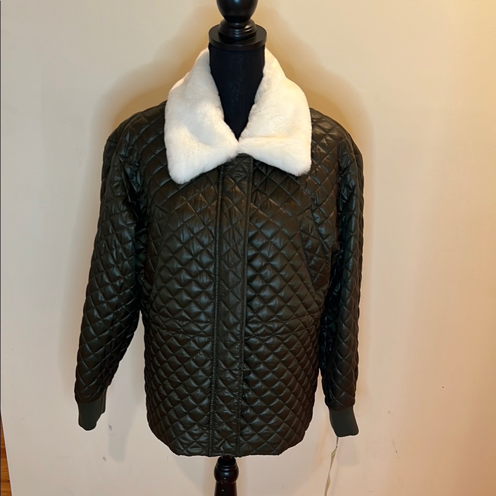Kensie Dark Green Quilted Puffer Jacket with White Faux Fur Collar